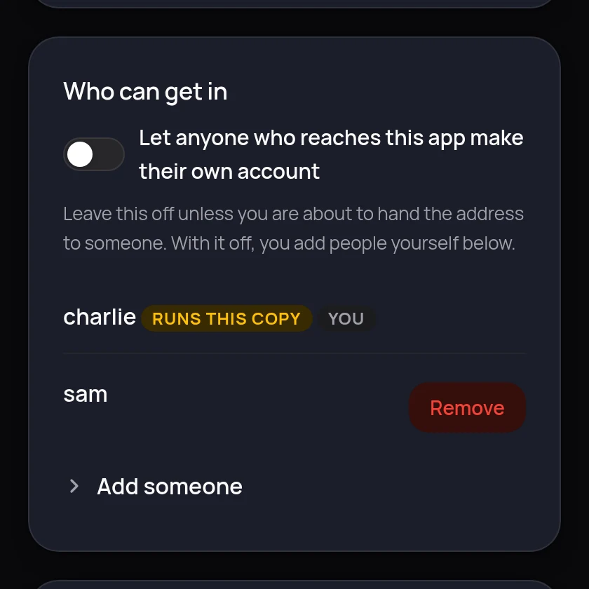 The accounts part of the Where settings page. A switch to let anyone reaching the app make their own account, a list showing charlie who runs this copy and sam, with a Remove button, and an Add someone section.