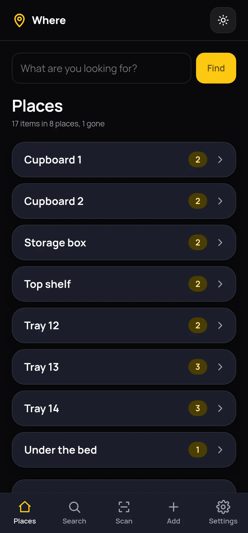 The Where home screen listing places: Cupboard 1, Cupboard 2, Storage box, Top shelf, Tray 12, Tray 13, Tray 14 and Under the bed, each with a count of how many items are in it.