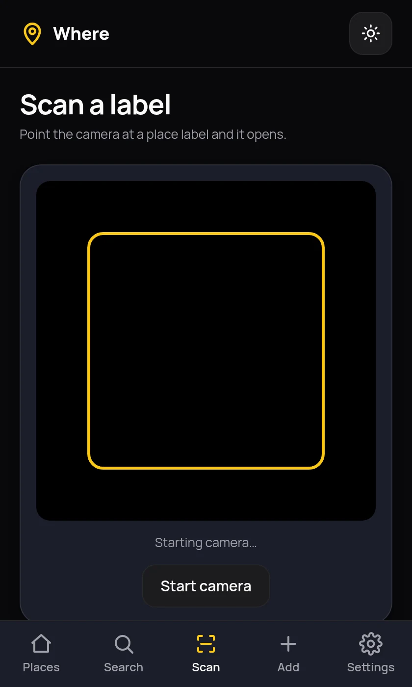 The scan screen in Where, showing a camera viewfinder with a yellow frame and the instruction to point the camera at a place label.